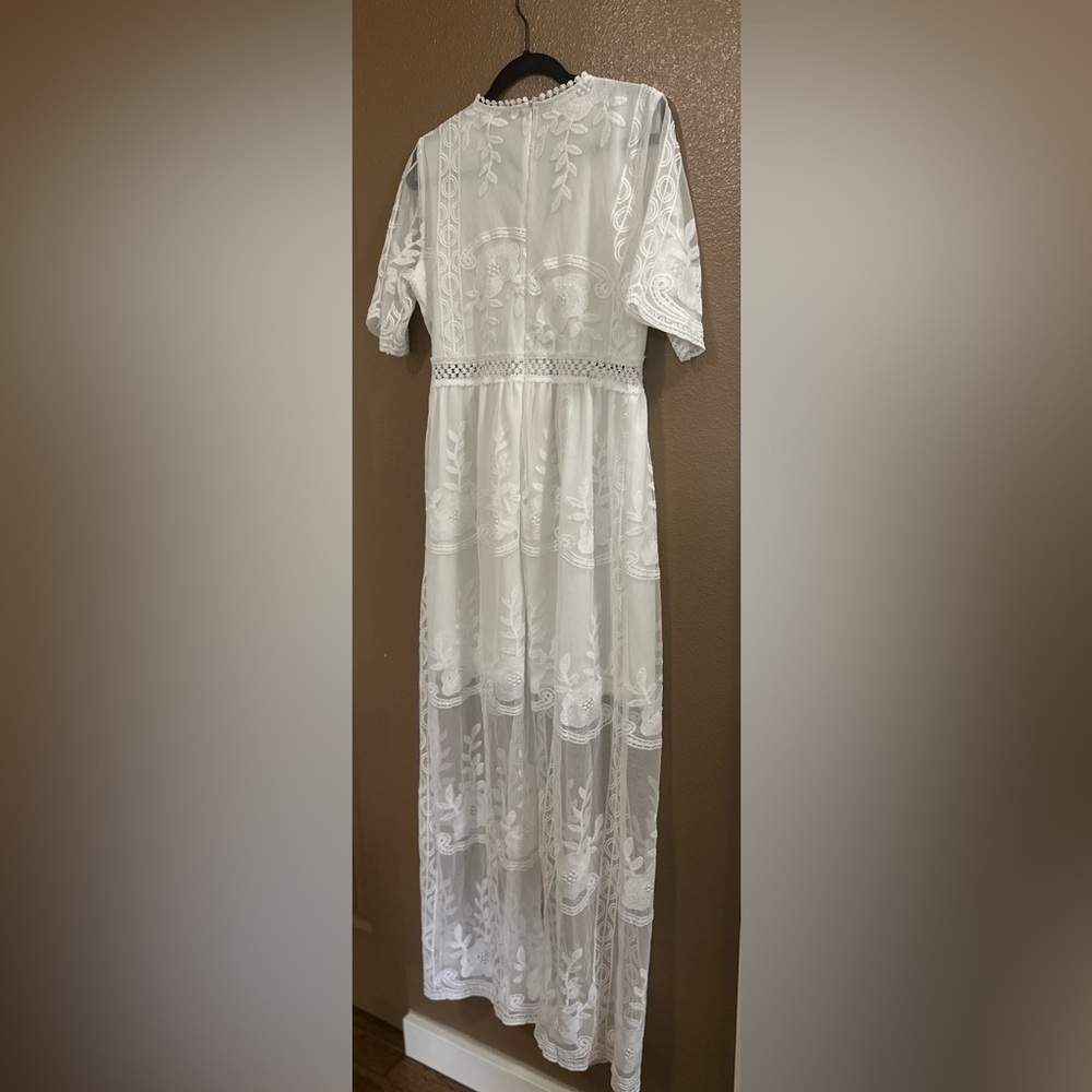 Ivory Floral Embroidered Lace Boho Maxi Dress Deep V-neck Fairycore Cottagcore. - Picture 12 of 14